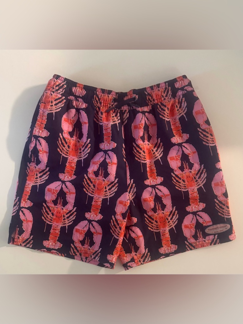 Vineyard Vines Kids Navy Swim Trunks with Pink & Orange Lobsters - Picture 2 of 5
